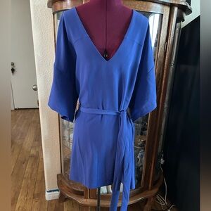 Blue V-Neck Belted Tunic Blouse